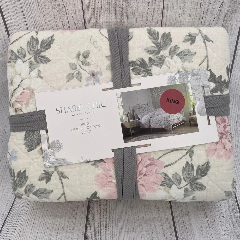 Shabby Chic Linen Cotton Quilt KING Pink Rose Floral Cream Bedding Romantic